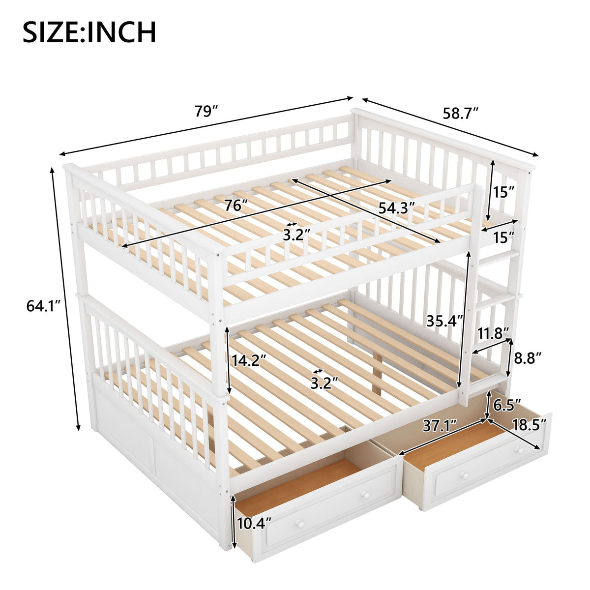 Convertible Bunk Bed With Drawers - Solid Wood with Storage - White, Dark Brown or Dark Gray