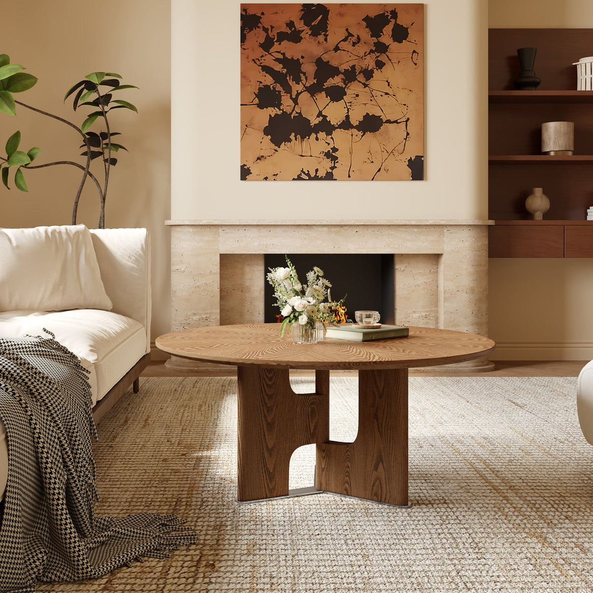 Rustic Ash Wood Veneer Coffee Table with Novel Leg Design - Natural Ash