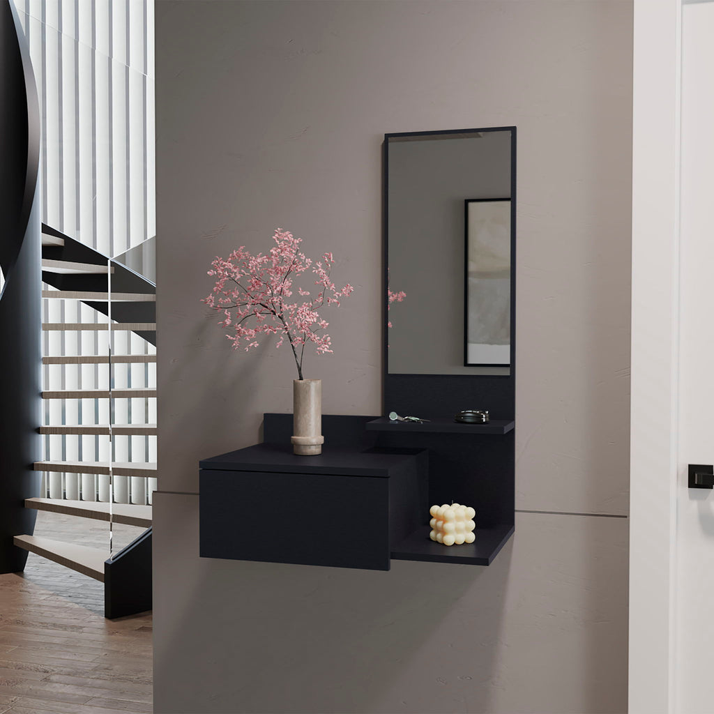 Lowell Floating Hallway Cabinet with Mirror and Storage - White or Black