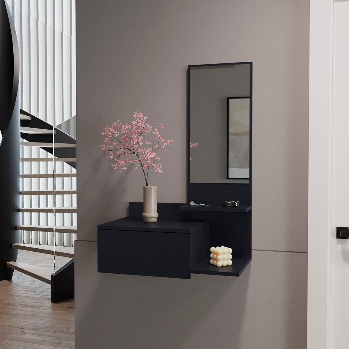 Lowell Floating Hallway Cabinet with Mirror and Storage - White or Black
