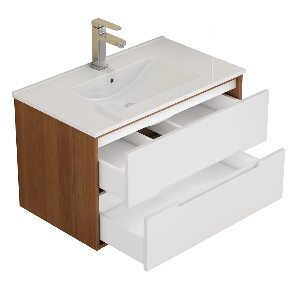 32-Inch Wall-Mounted Bathroom Vanity with Ceramic Sink Combo - Walnut/White