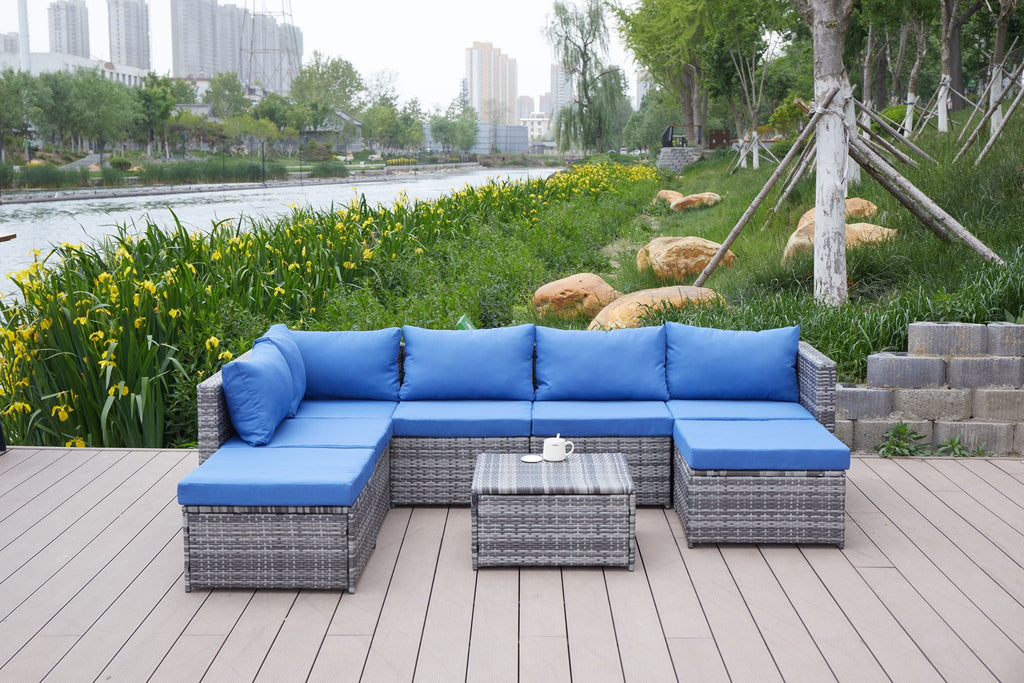 Dark Gray Patio Sofa With Cushions and Table - All-Weather Wicker