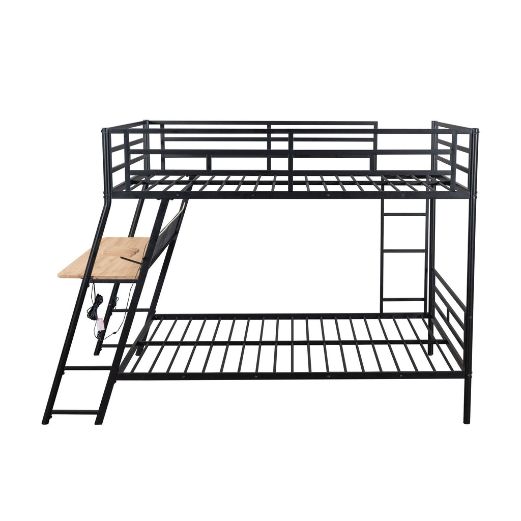 Full Size Bunk Bed with Built-In Desk, Light & 2 Drawers - Black