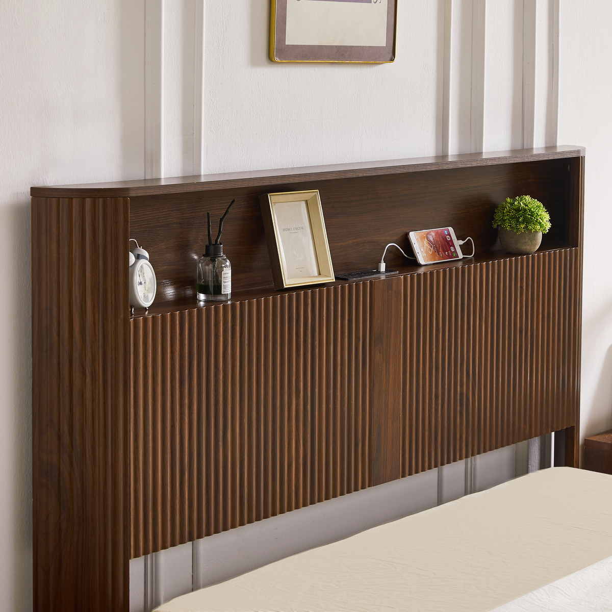 Full Extra Long Bed Frame with Storage Headboard and Built-in Charging Station - Walnut or Natural