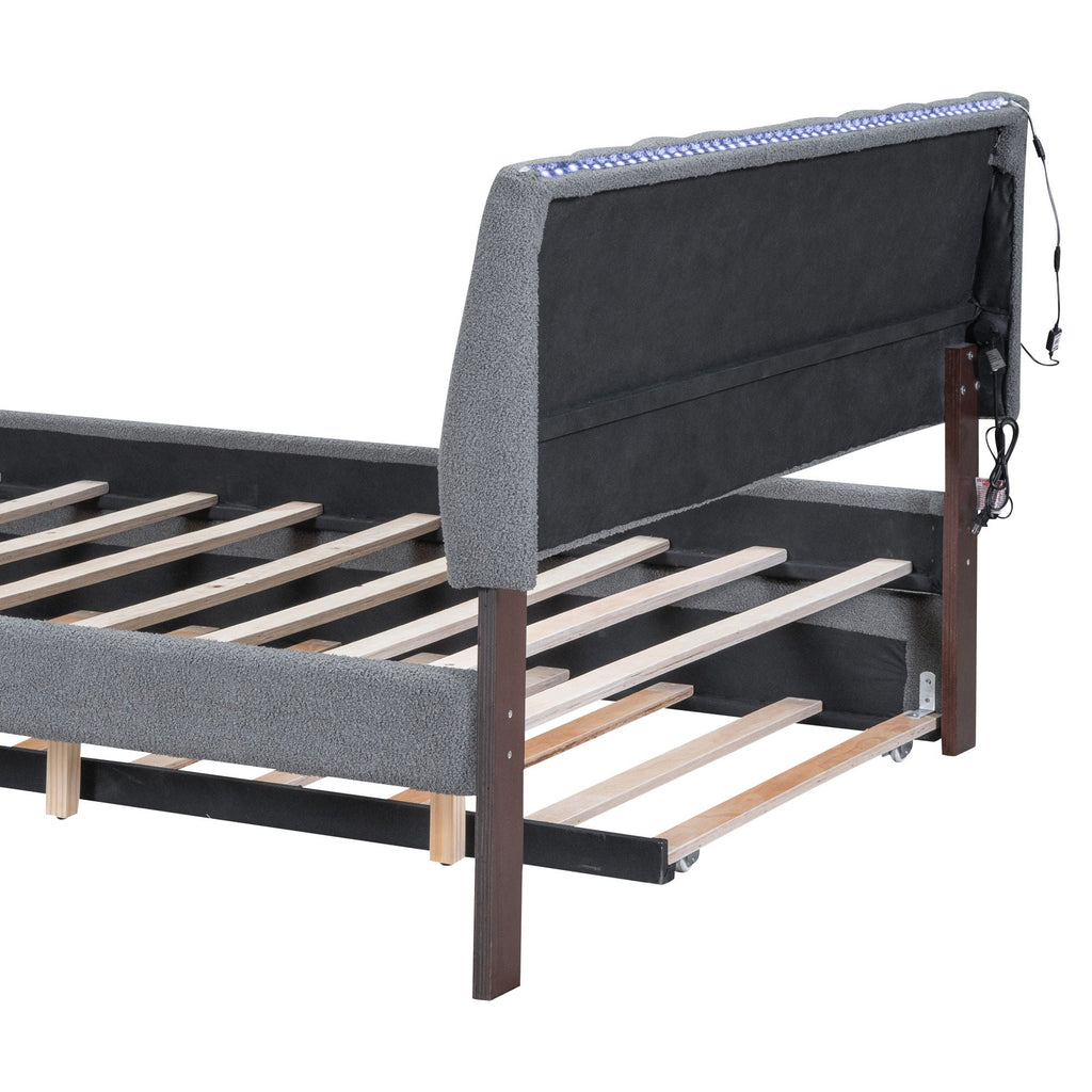 Upholstered Platform Bed With Trundle and LED Lights - Full or Queen