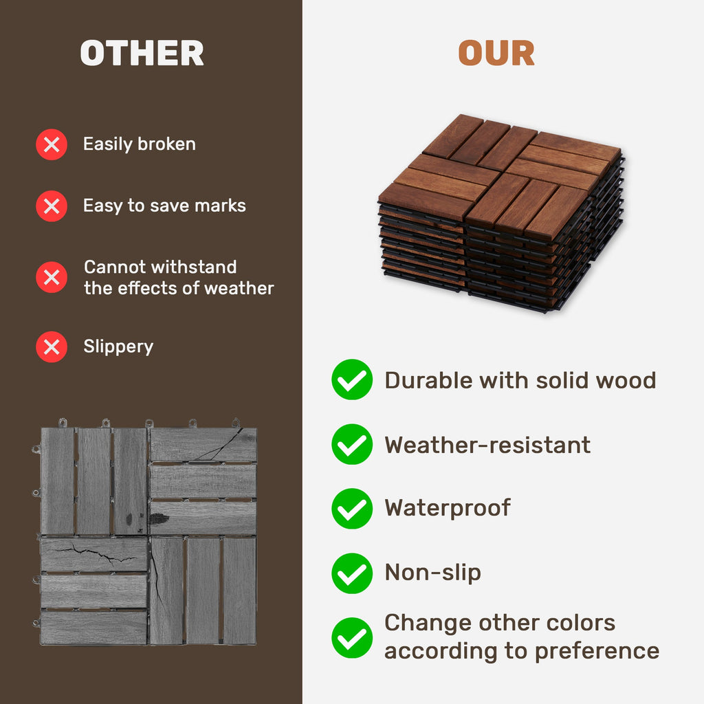 Acacia Wood Interlocking Deck Tiles with Checker Pattern - 20-Piece Set