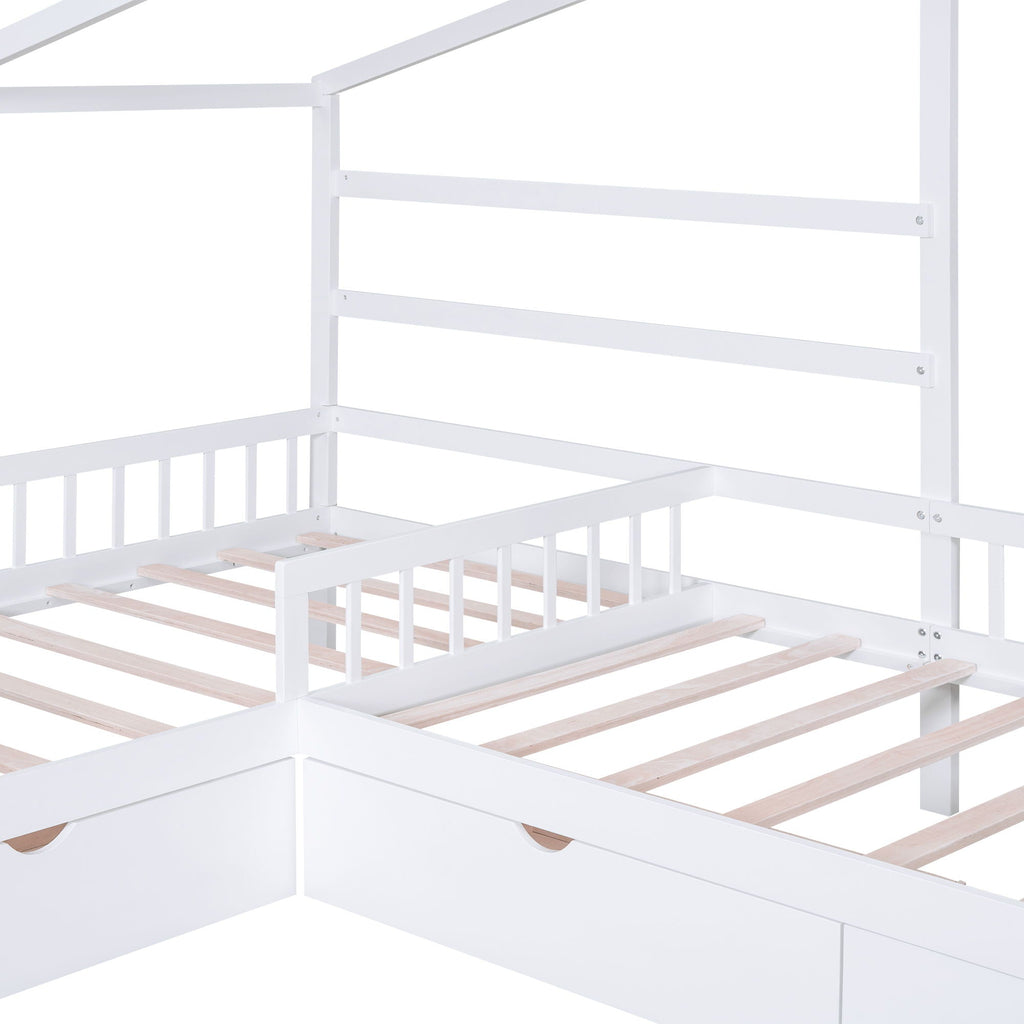 L Shape Twin Platform Bed with 3 Storage Drawers - Dark Gray or White