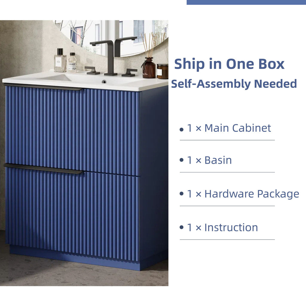 Fluted Bathroom Vanity with Ceramic Sink and Moisture-Proof Cabinet - 30" Wide