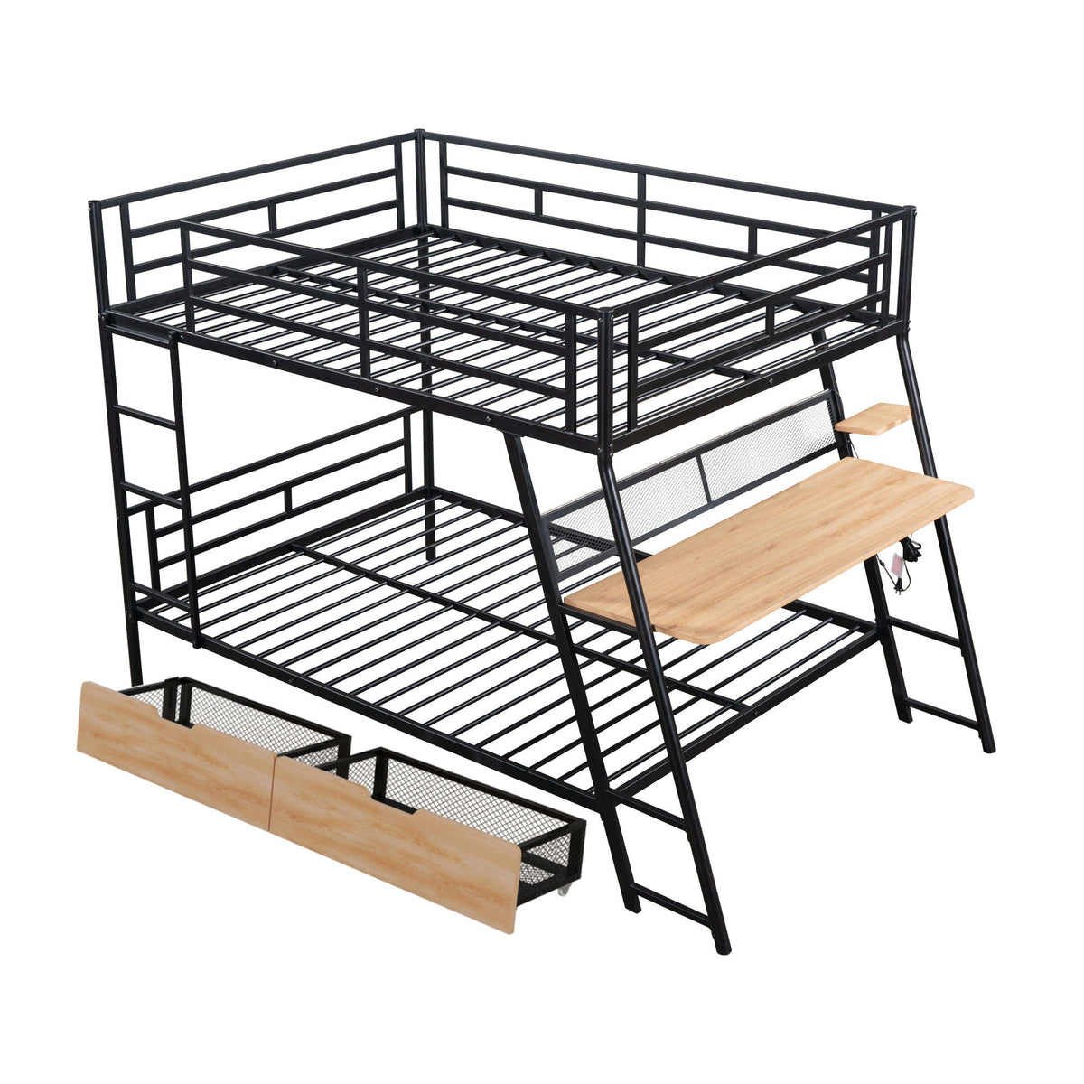 Full Size Bunk Bed with Built-In Desk, Light & 2 Drawers - Black