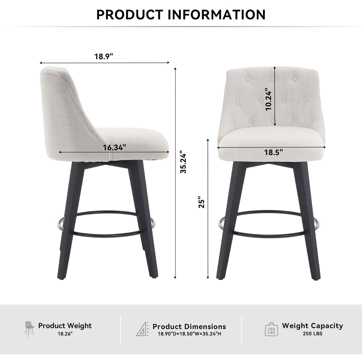Swivel Bar Stools with Button Tufted Back - White