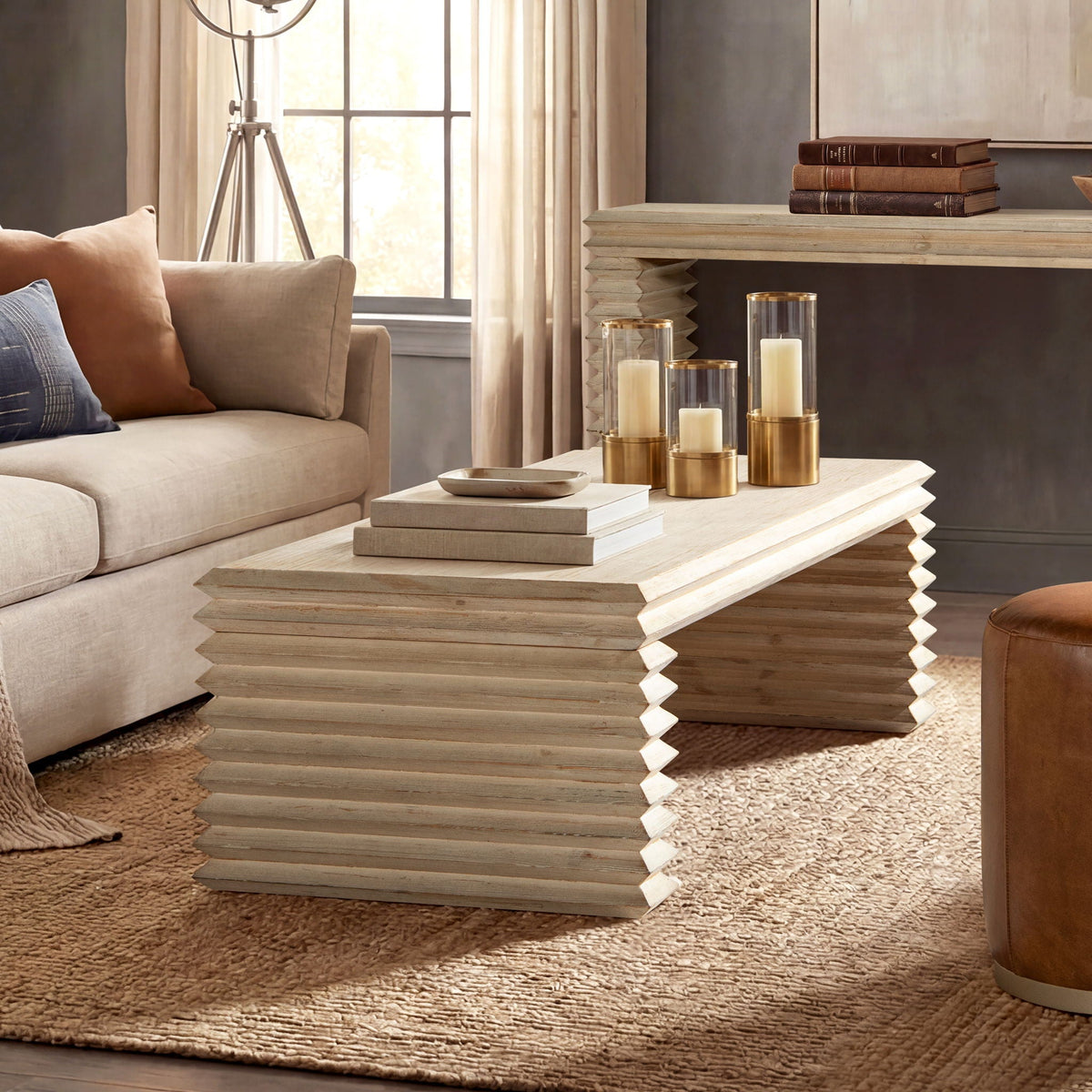 Geometric Waterfall Console Table with Solid Wood Construction - White or Light Brown