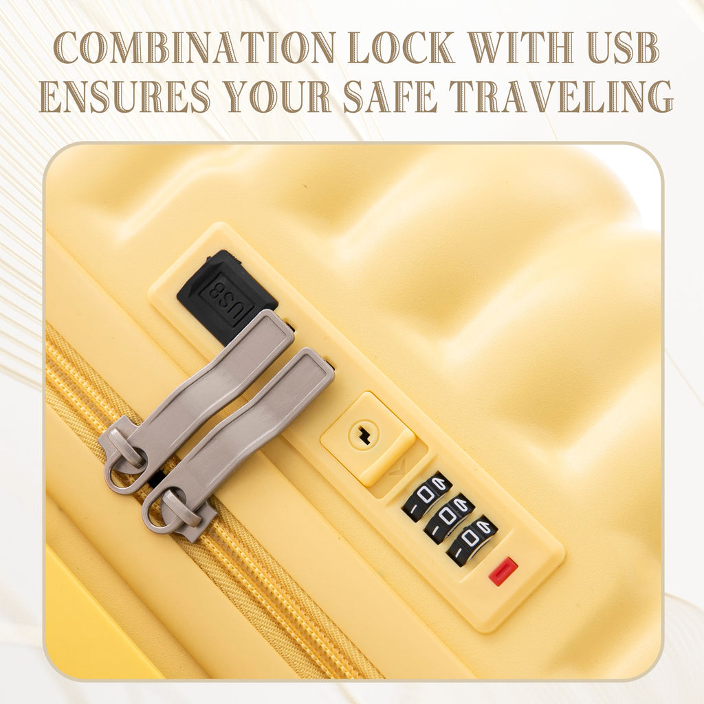 3-Piece ABS Hard Case Luggage Set with Spinner Wheels and USB Port - Yellow