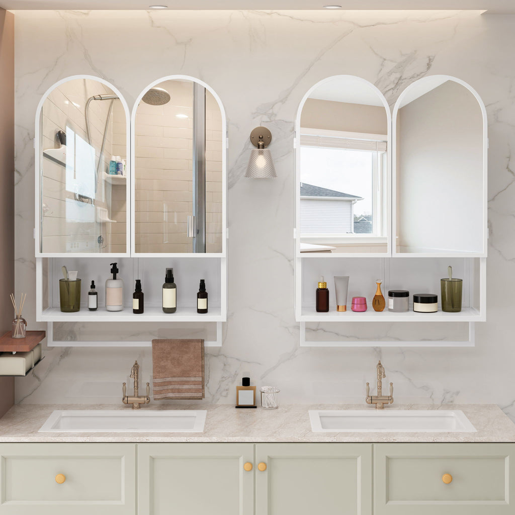 Double Arched Mirror Wall Cabinet with Adjustable Shelves and Towel Rack - Black or White