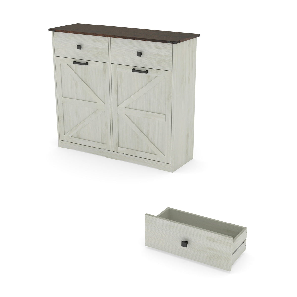 Double Tilt Out Trash Cabinet with Hideaway Drawer - Barn Door Style