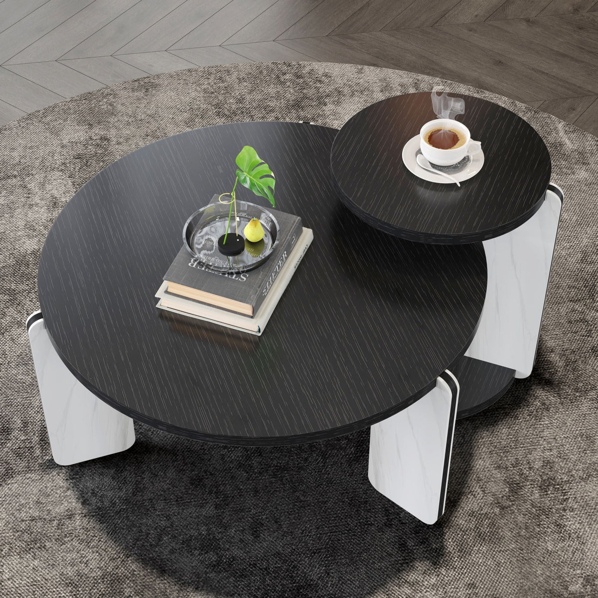 Round Coffee & End Table Set with Sintered Stone Legs - Black