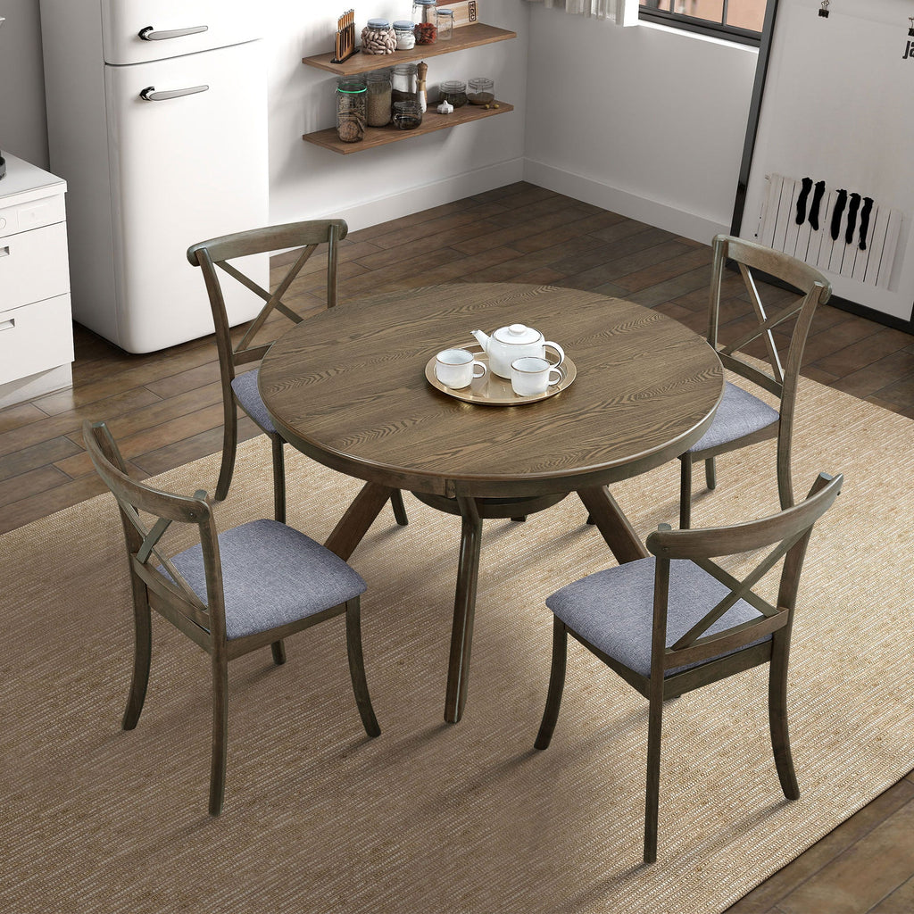 Round Rubber Wood Dining Table with Modern Pedestal Base - Natural Finish