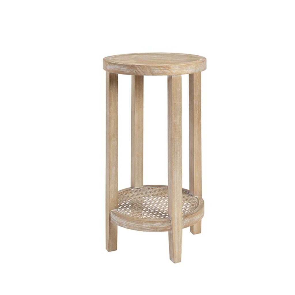 Reclaimed Wheat Round Accent Table with Rattan Cane Shelf