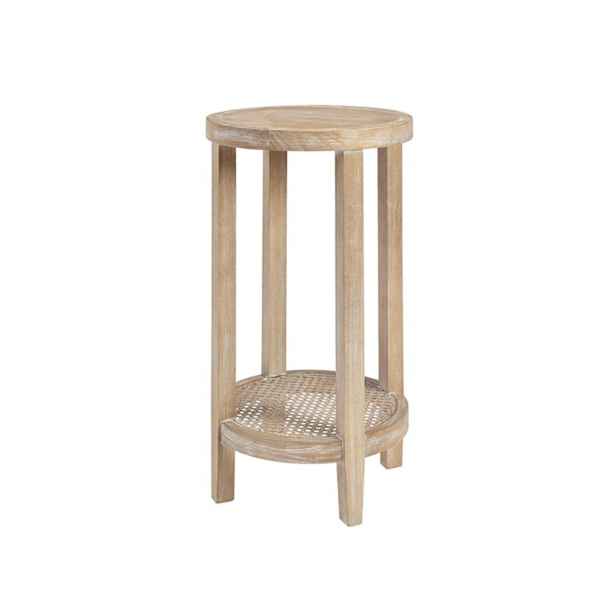 Reclaimed Wheat Round Accent Table with Rattan Cane Shelf