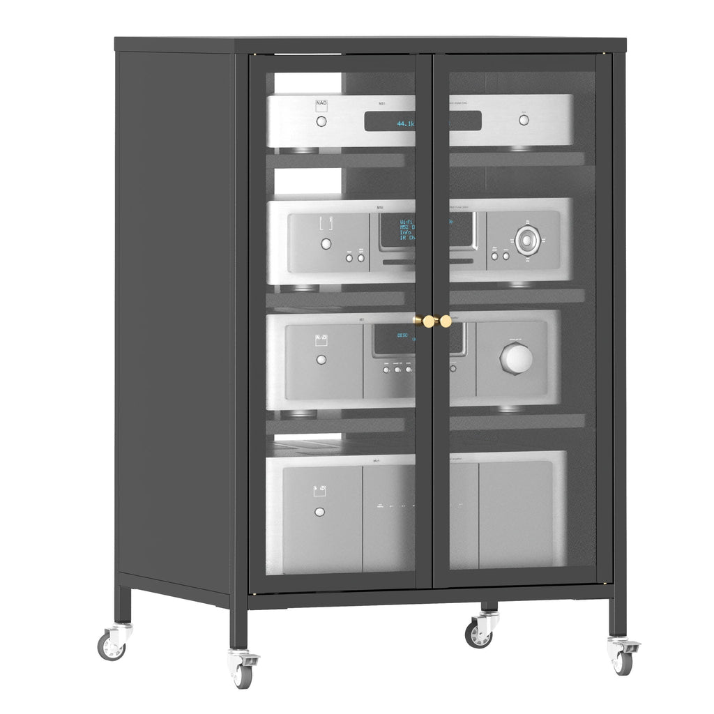 Media Storage Cabinet with Wheels and Adjustable Glass Shelves - Black