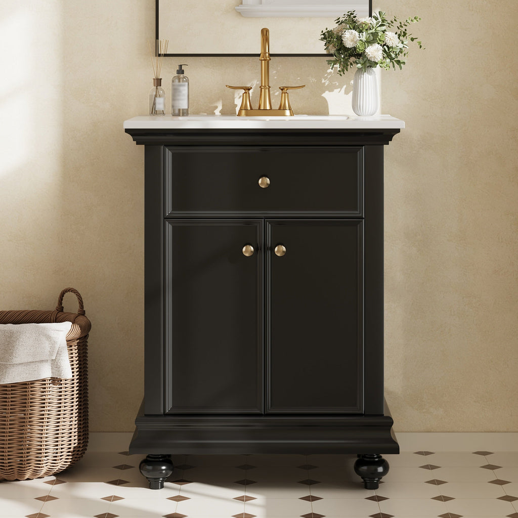24" Modern Bathroom Vanity with Tip-Out Drawer & Soft-Close Hinges - Black, Green, or White