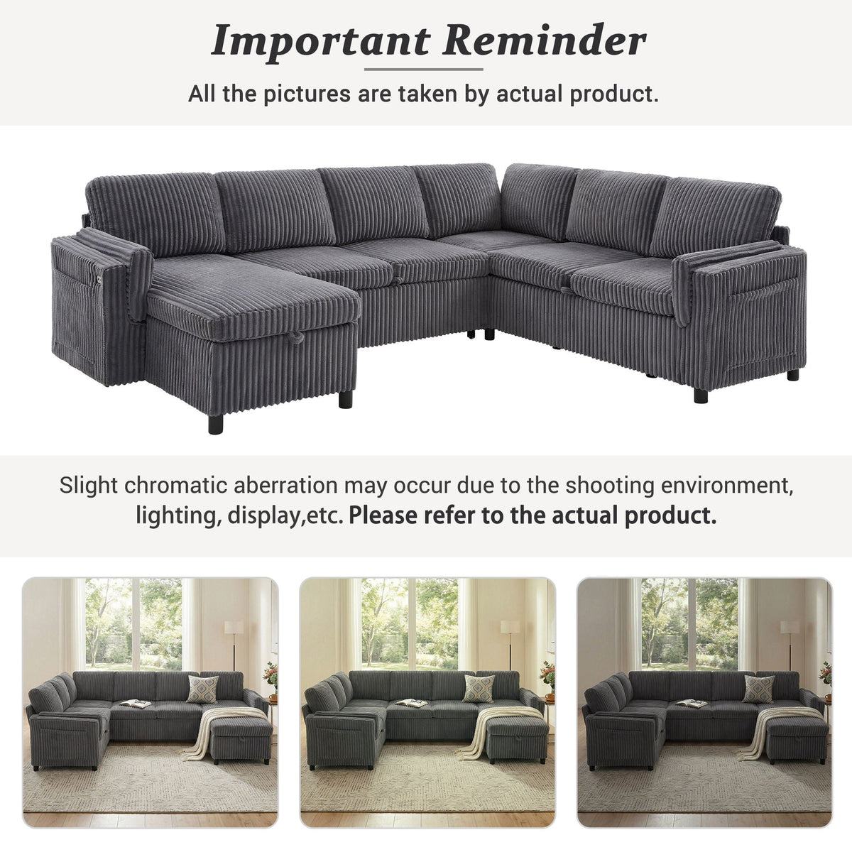 Convertible U-Shaped Sectional Sofa Bed with USB Ports and Storage – Black, Dark Gray, Blue