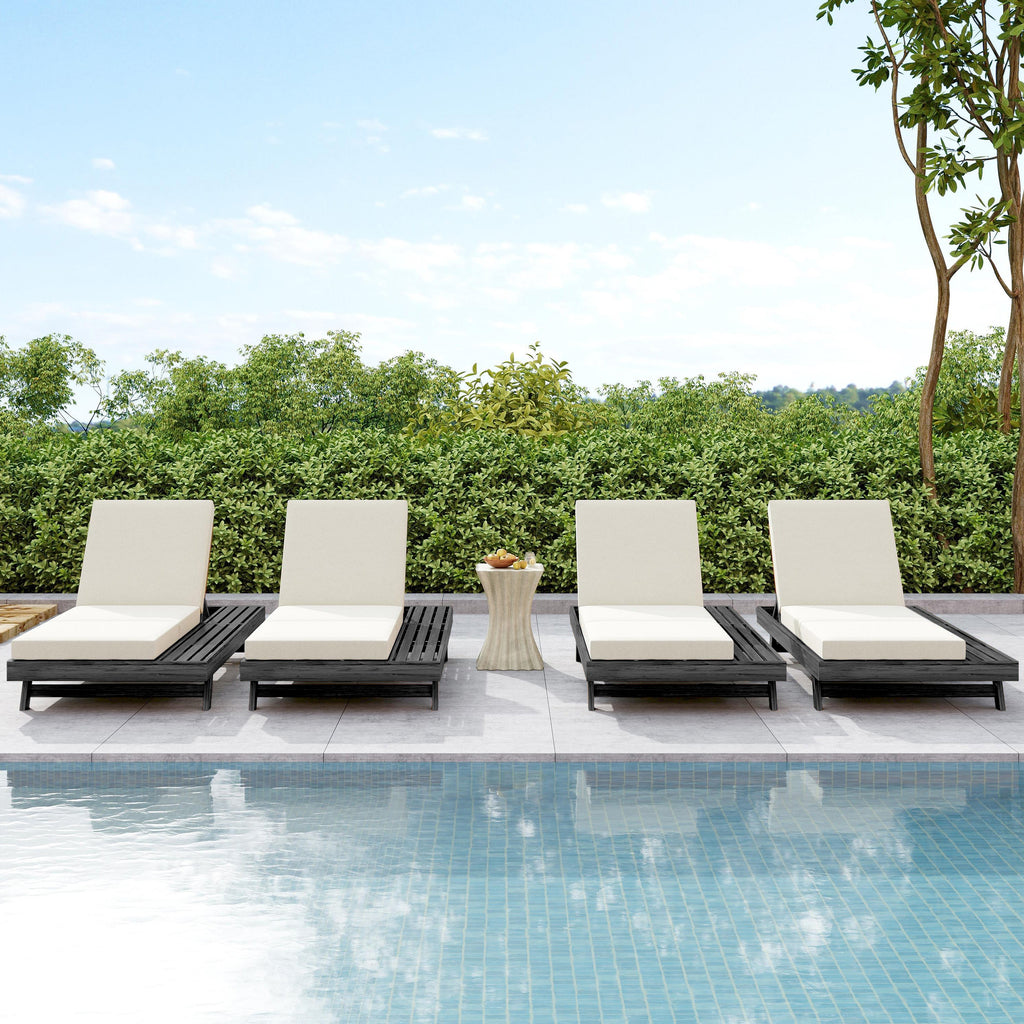 Acacia Solid Wood Lounge Chaise Set with Water-Resistant Cushion - Black