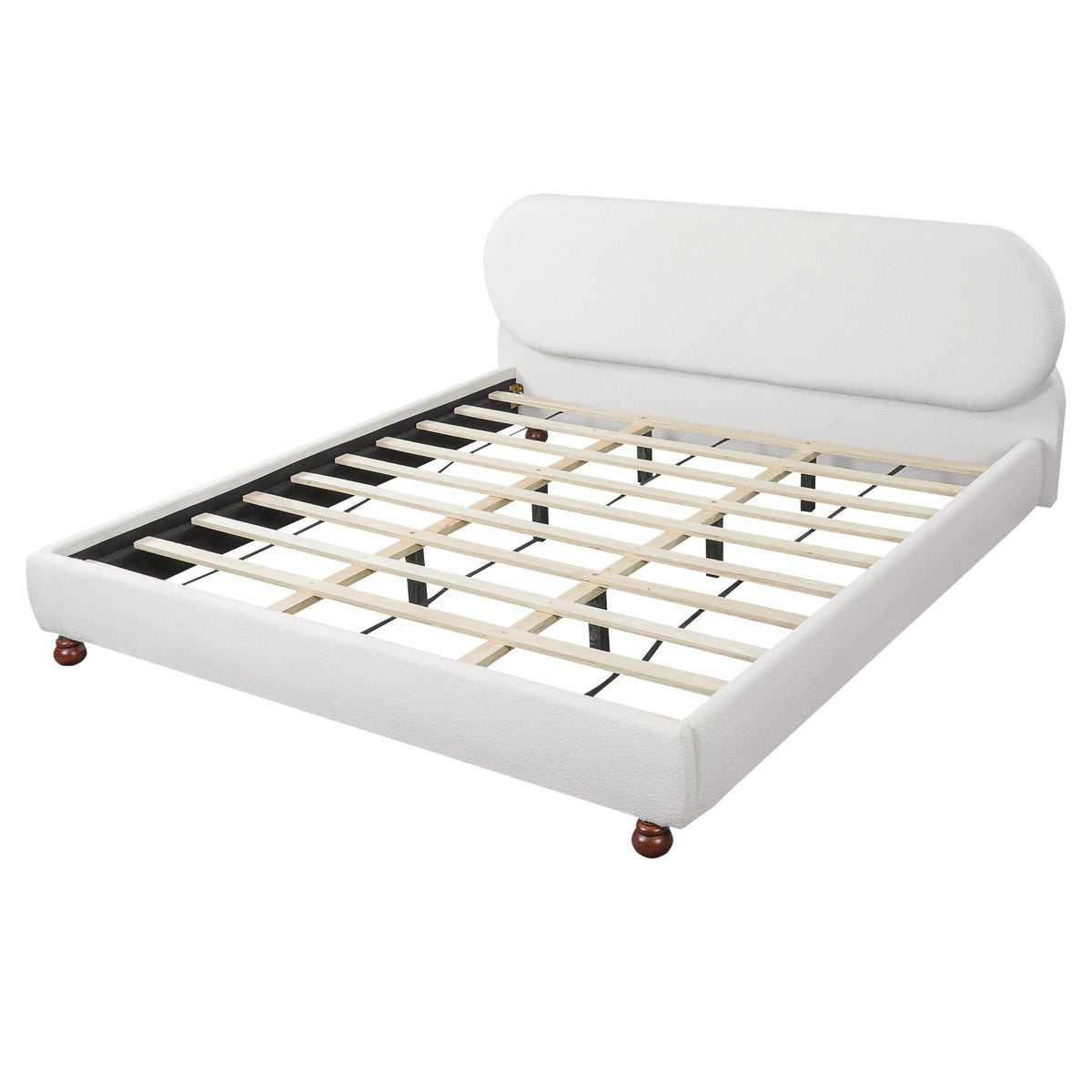 Cream Boucle Upholstered King Bed with Rubberwood Feet