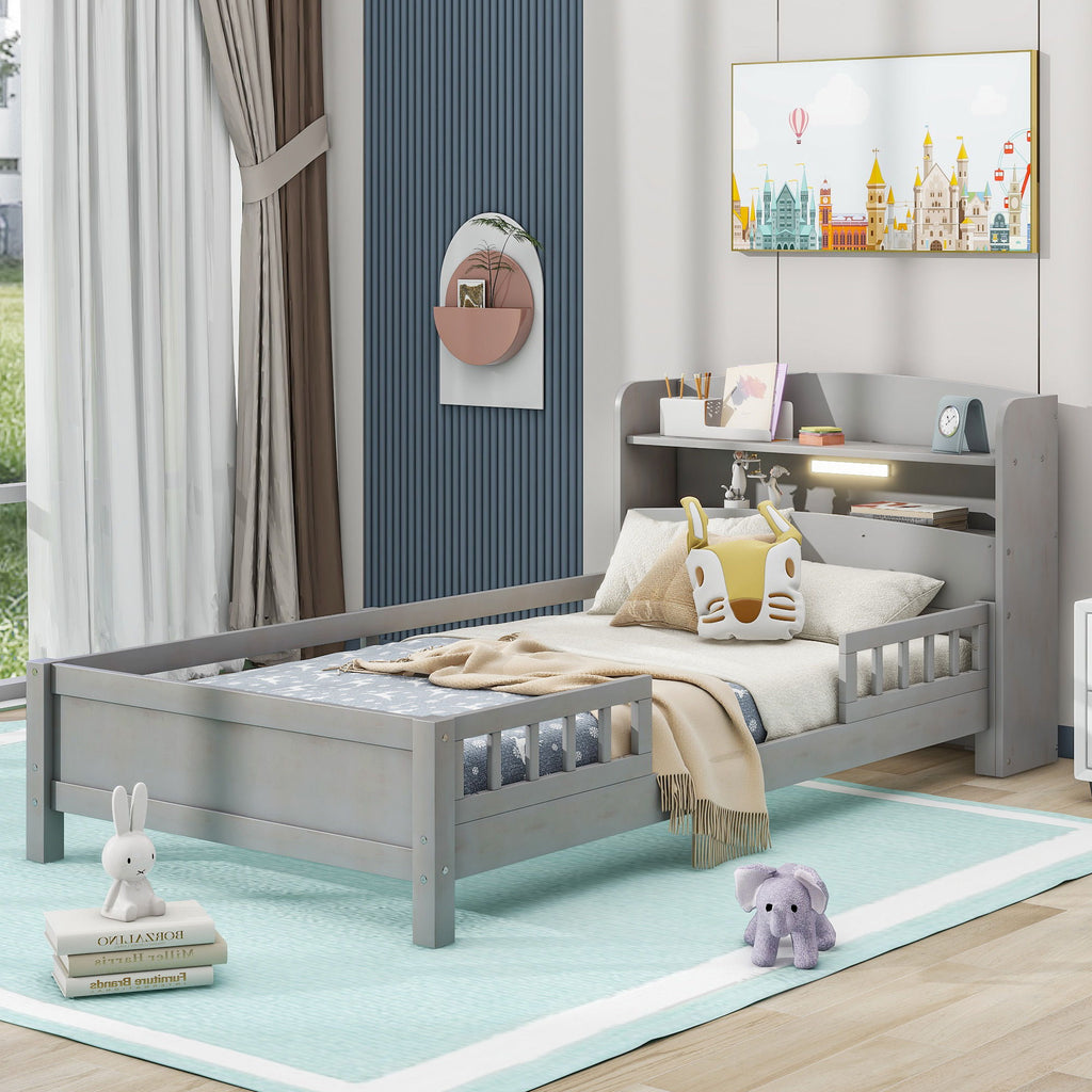 Wood Platform Storage Bed with LED Light & Storage Headboard - White or Dark Gray