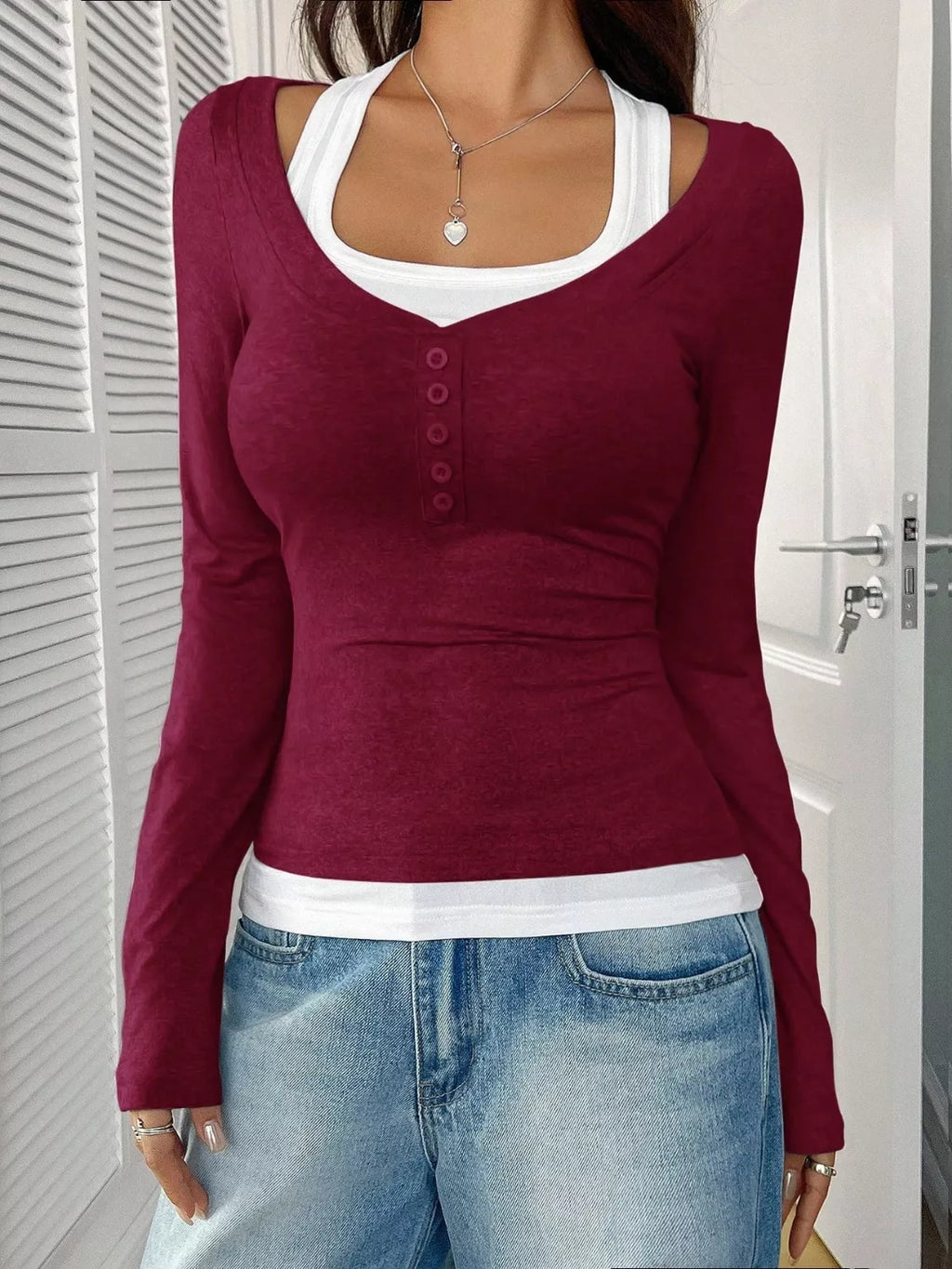 Contrast Long Sleeve Fake Two-Piece T-Shirt