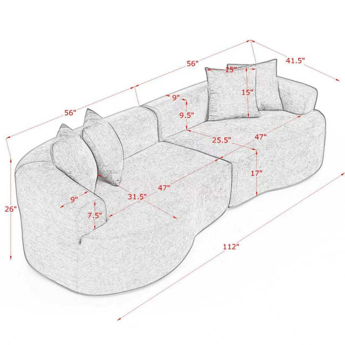 4 Seater Curved Cloud Sectional Sofa with High-Density Foam - Corduroy