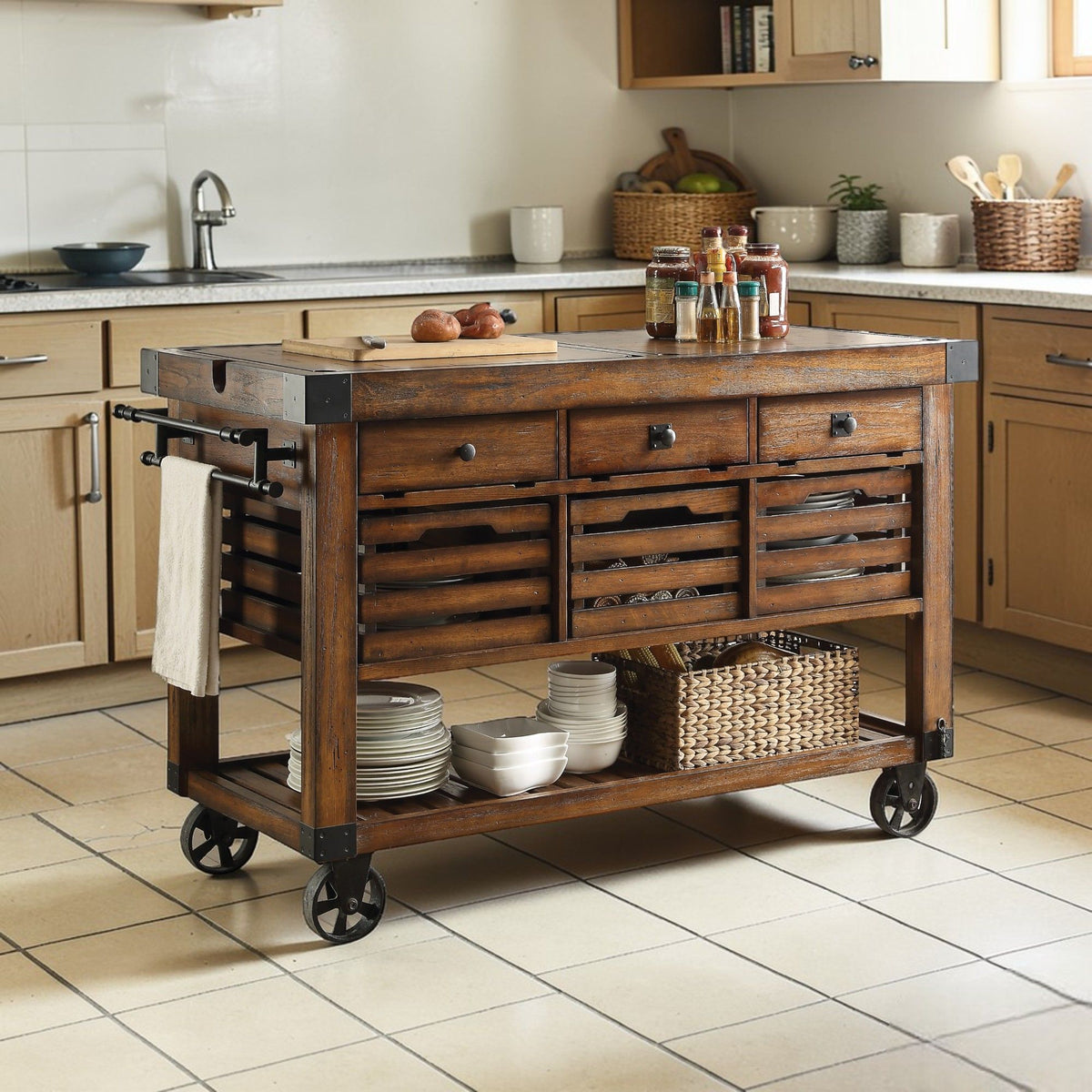 Distressed Chestnut Kitchen Cart with Storage and Casters - Chestnut