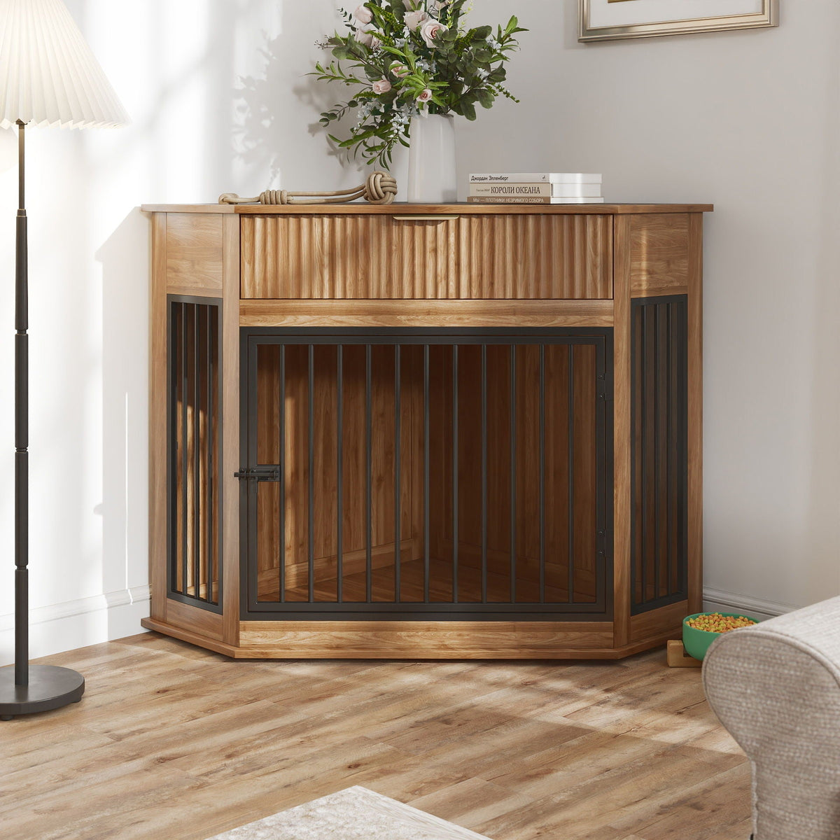Corner Dog Crate with Fluted Drawer - White or Dark Brown