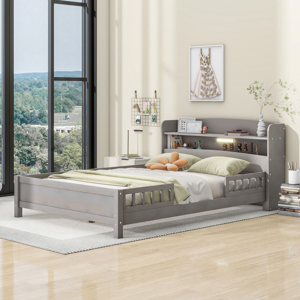 Wood Platform Storage Bed with LED Light & Storage Headboard - White or Dark Gray