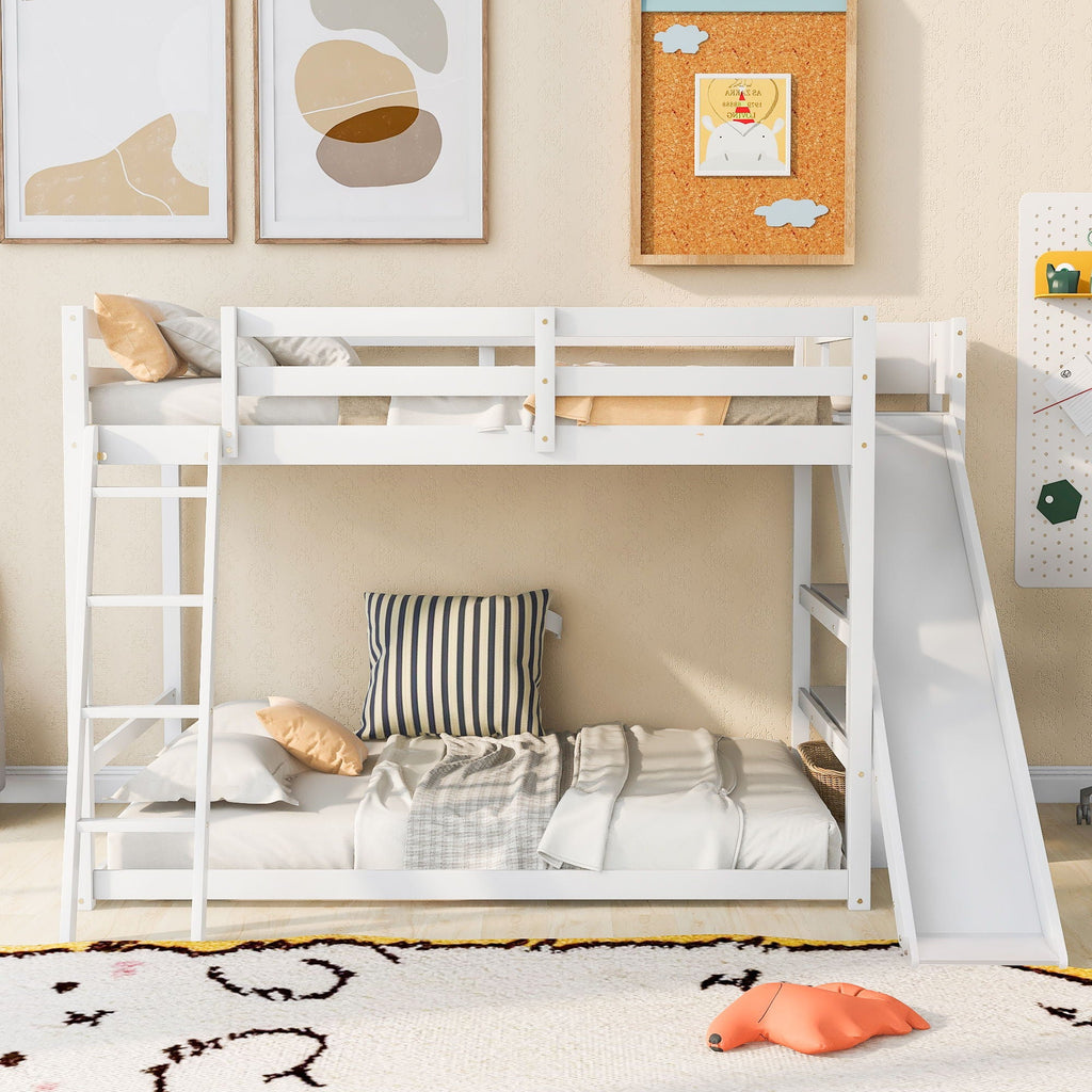 Bunk Bed With Ladder, Slide, and Shelves - Pine Wood, Full Over Full