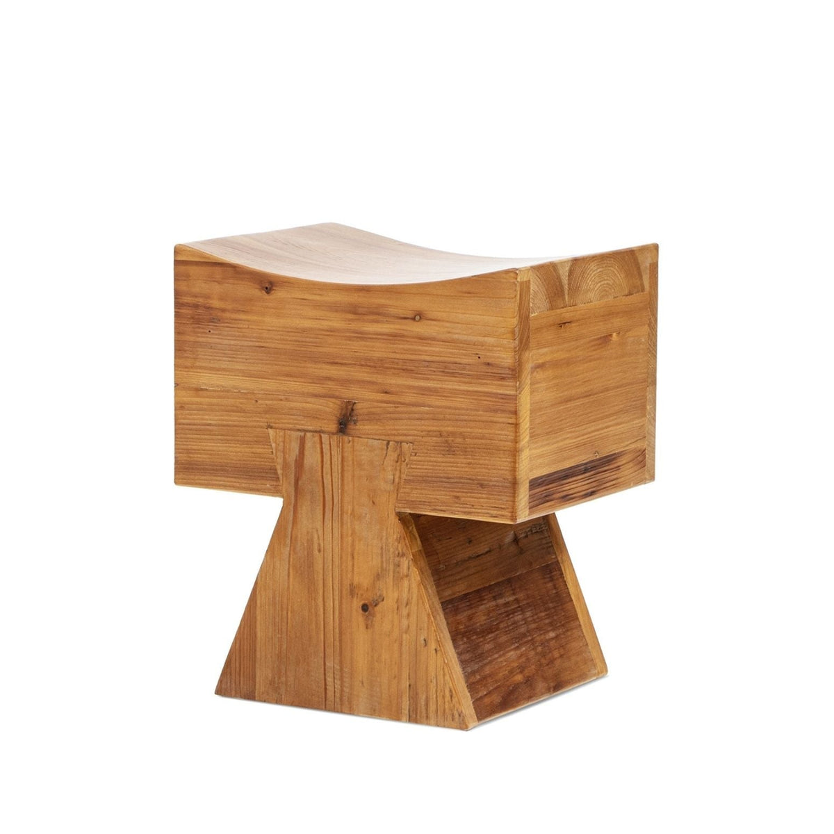 Brown Reclaimed Wood Stool Ottoman with Sculptural Saddle Seat