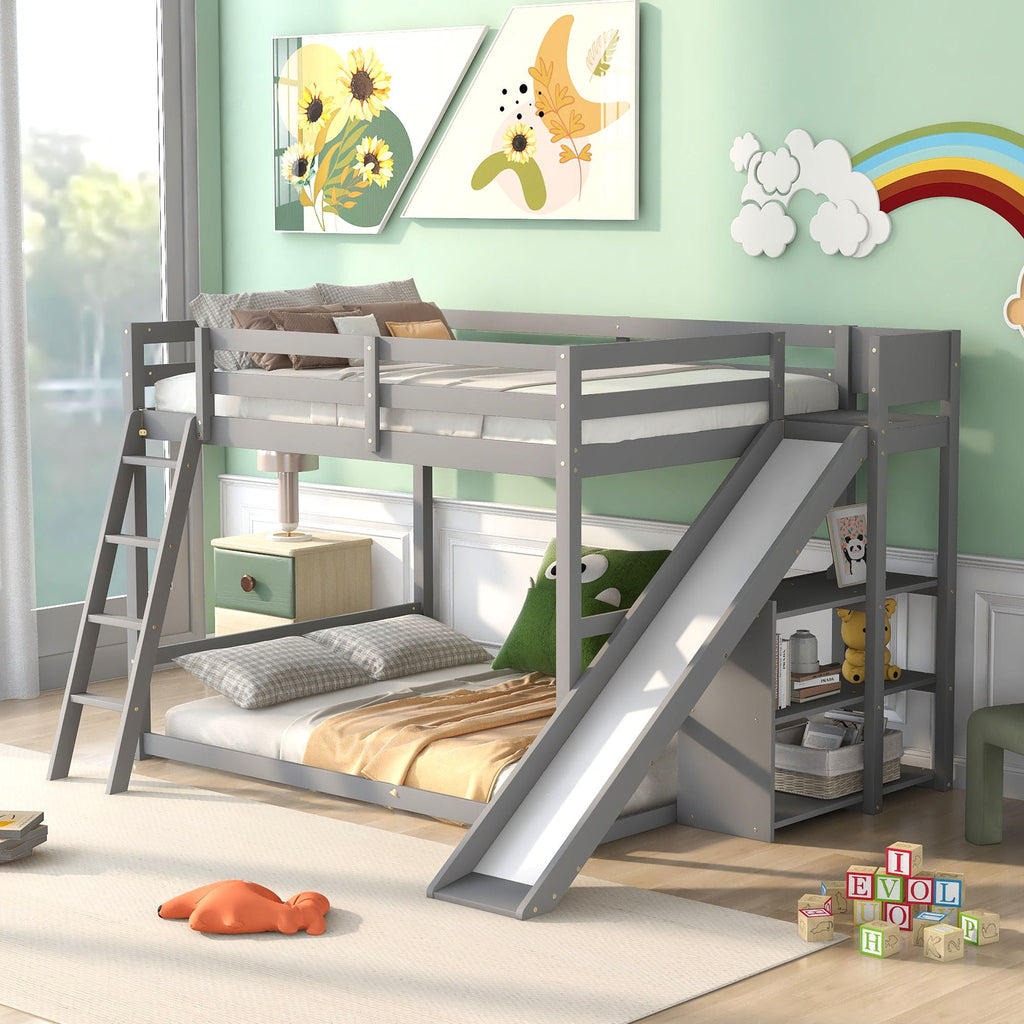 Bunk Bed With Ladder, Slide, and Shelves - Pine Wood, Full Over Full