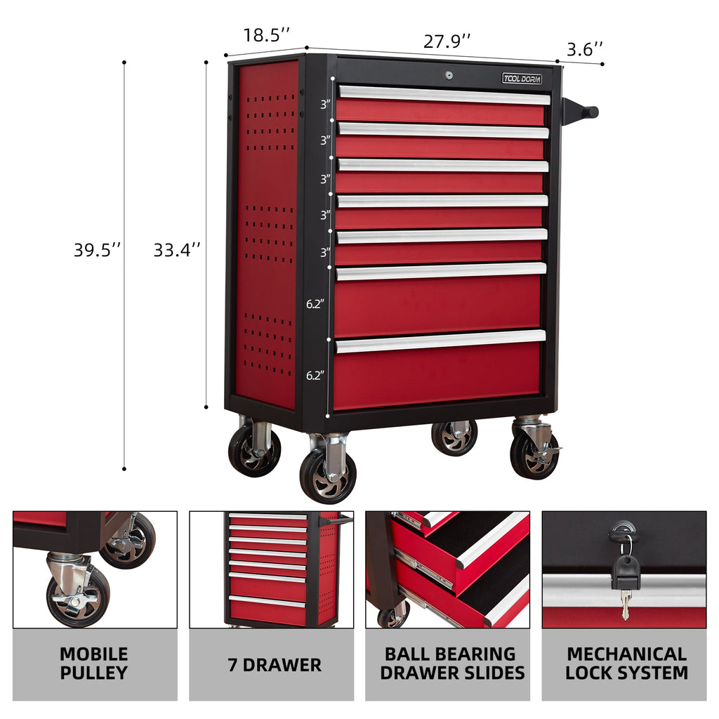 7-Drawer Rolling Tool Chest with Locking Wheels - Black+Red