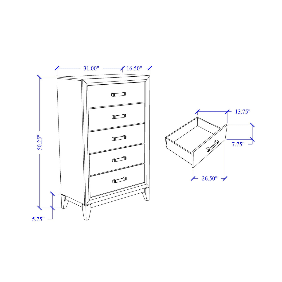 Mirage Chest Accent Chest with Five Drawers - Dark Gray or White