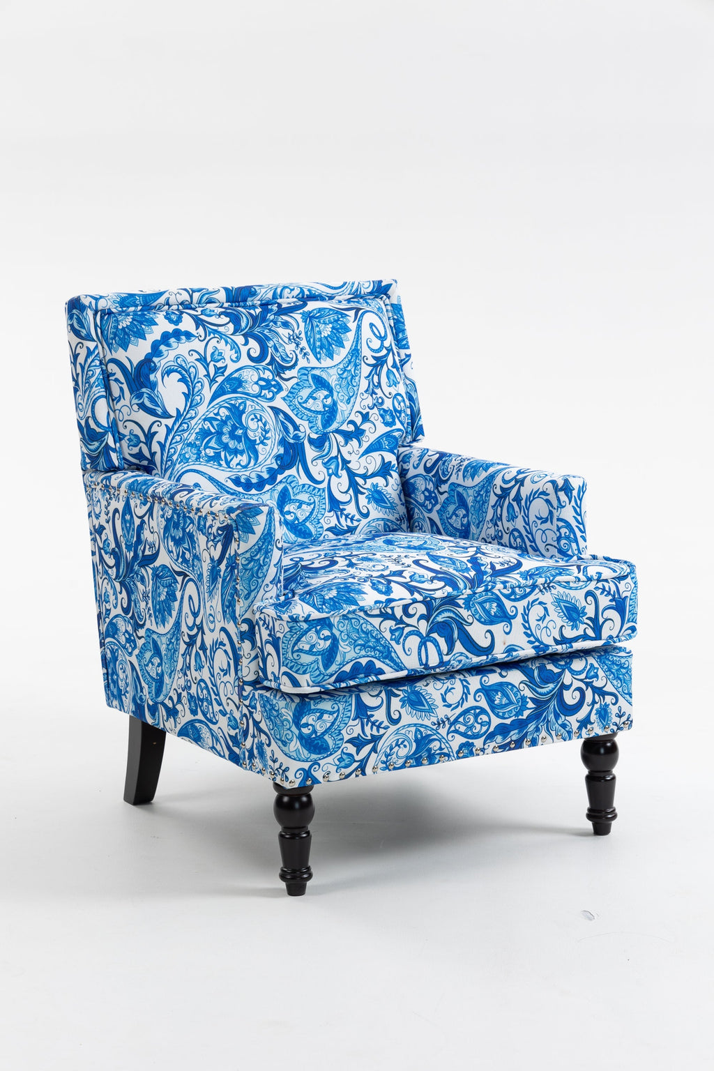 Upholstered Accent Chair with Blue and White Porcelain Print