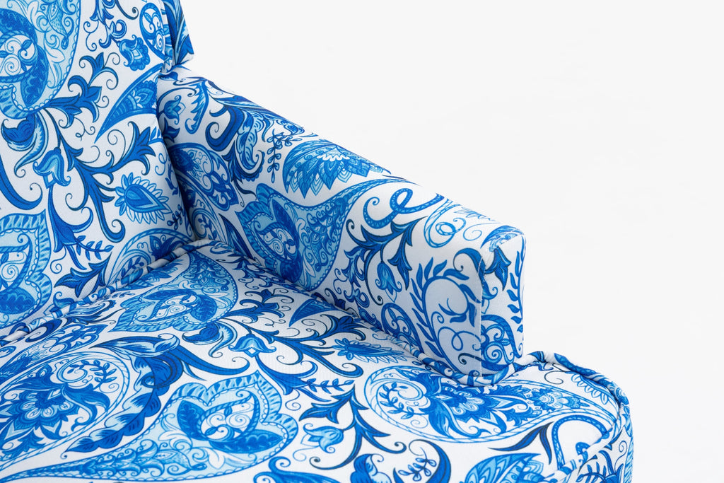 Upholstered Accent Chair with Blue and White Porcelain Print