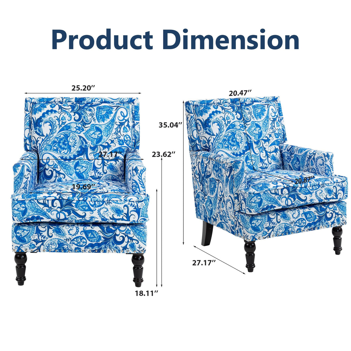 Upholstered Accent Chair with Blue and White Porcelain Print