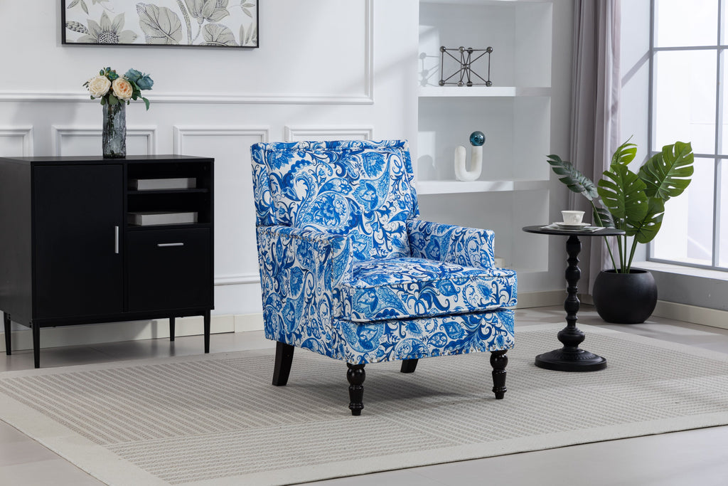 Upholstered Accent Chair with Blue and White Porcelain Print