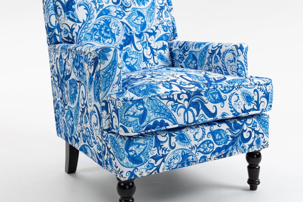 Upholstered Accent Chair with Blue and White Porcelain Print