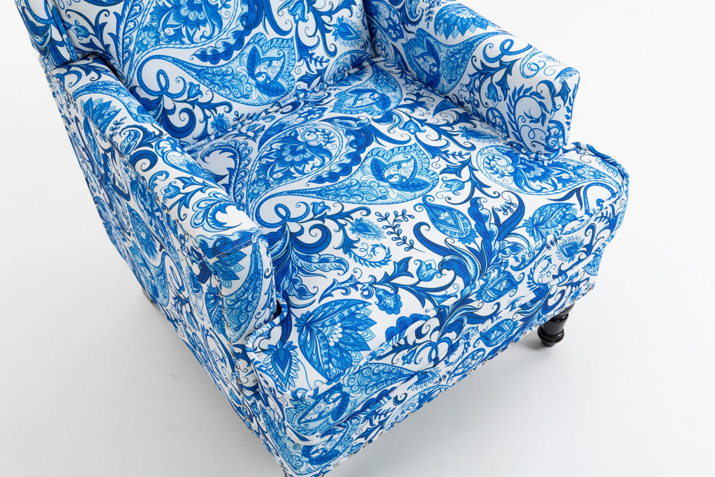 Upholstered Accent Chair with Blue and White Porcelain Print