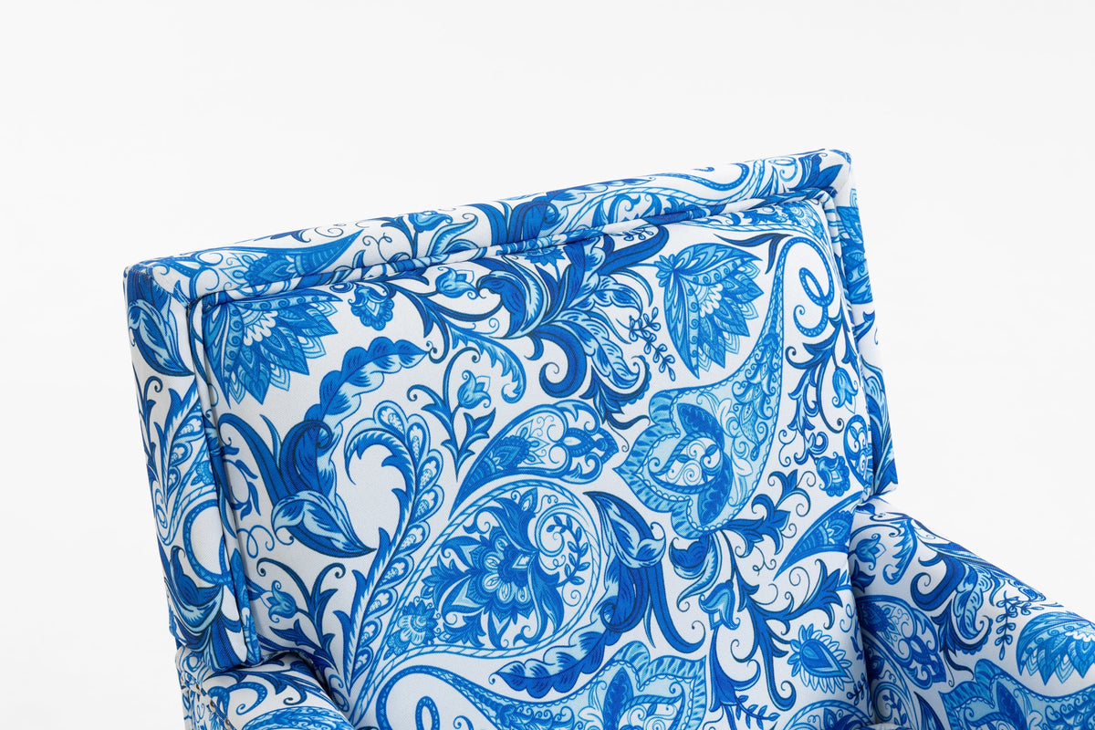Upholstered Accent Chair with Blue and White Porcelain Print