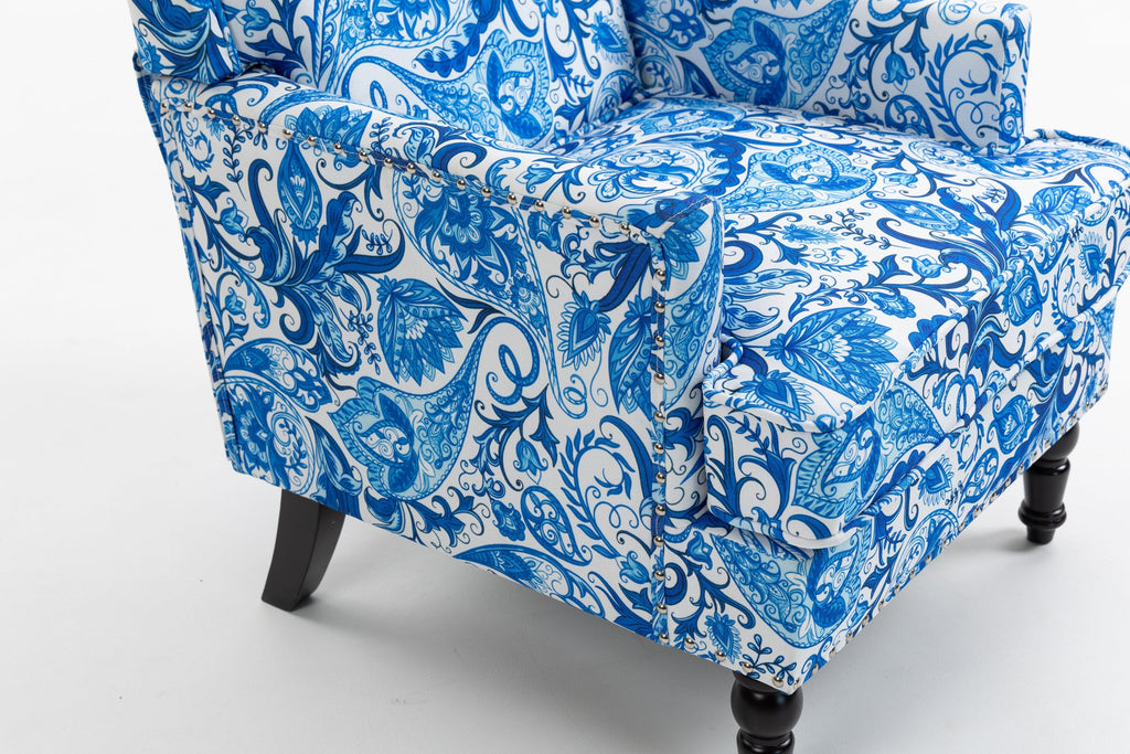 Upholstered Accent Chair with Blue and White Porcelain Print