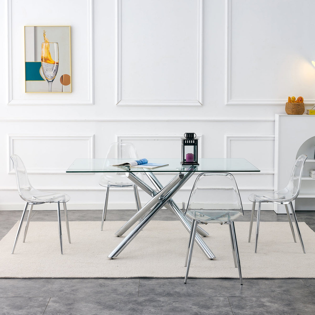 Modern Minimalist Transparent Dining Chair Set with Ergonomic PET Seat - Clear/Silver