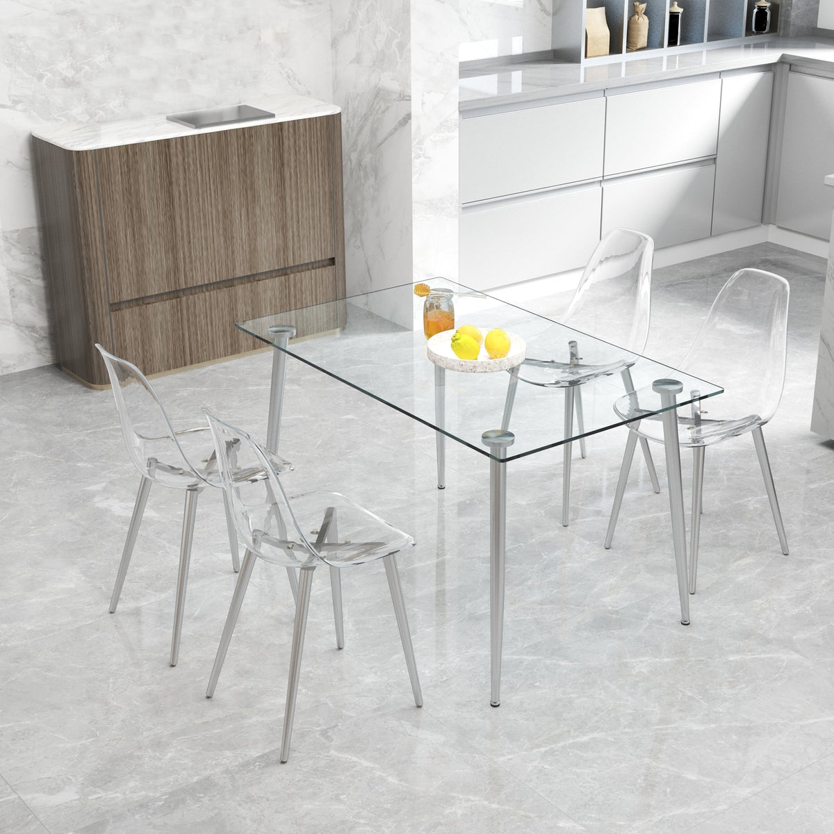Modern Minimalist Transparent Dining Chair Set with Ergonomic PET Seat - Clear/Silver