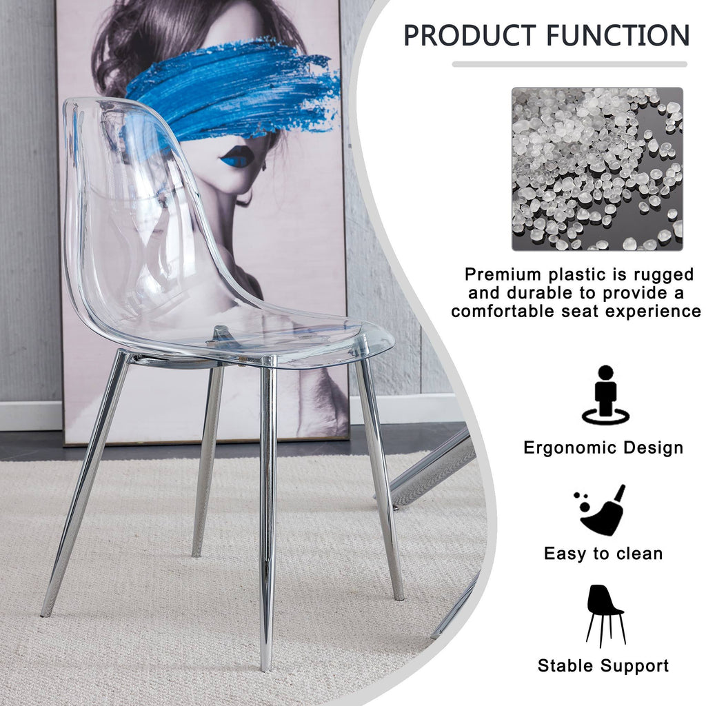 Modern Minimalist Transparent Dining Chair Set with Ergonomic PET Seat - Clear/Silver