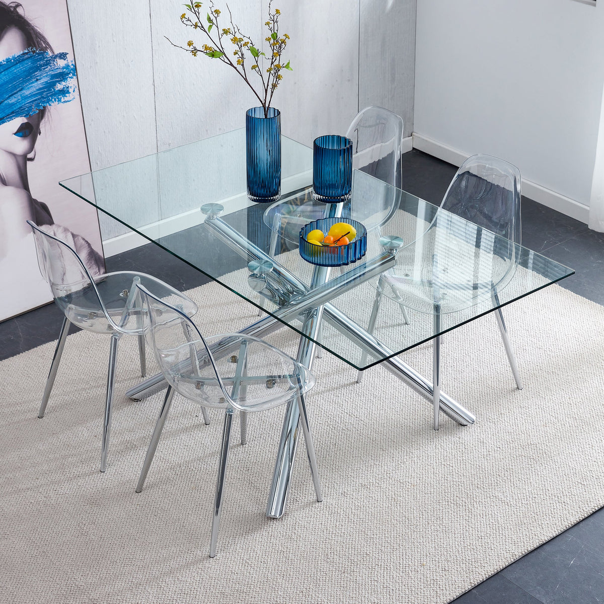 Modern Minimalist Transparent Dining Chair Set with Ergonomic PET Seat - Clear/Silver